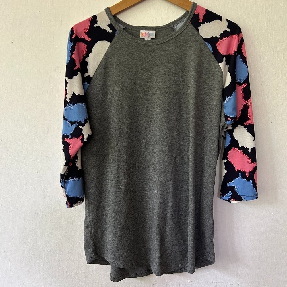 Lularoe Baseball Tee Womens Large Gray 4th of July Americana USA Patriotic